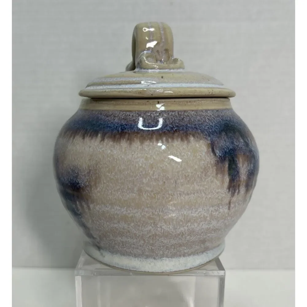Pearsall Stoneware Art Studio Pottery Lidded Honey Pot / Jam Jar Blue Drip Glaze